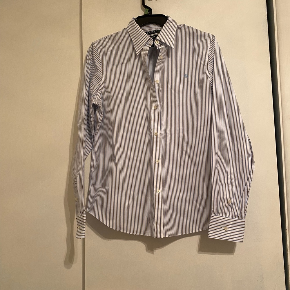 Ralph Lauren Blue and White Striped No Iron Collared Long Sleeve Shirt, Size Med